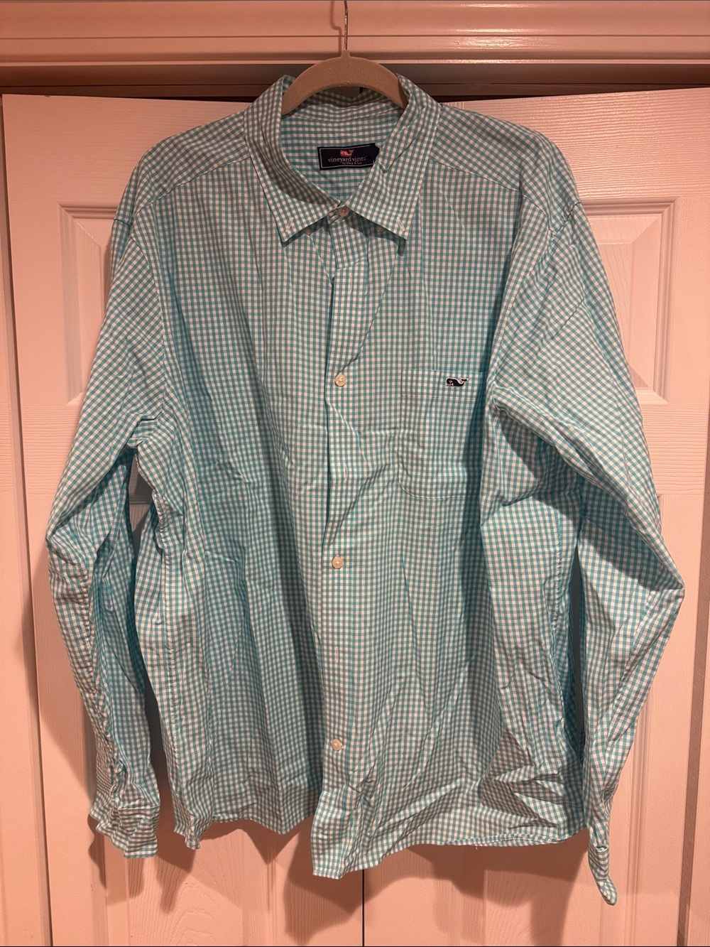 Vineyard Vines Men's Aqua Gingham Button-Down Shirt with Chest Pocket